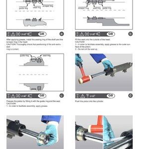 May include: Illustrated instructions for assembling a steering cylinder. The diagrams show the steps, including applying grease, installing rings, and inserting the piston. Text in English and other languages.
