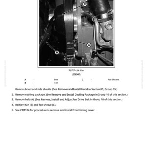 K&ouml;nnte beinhalten: Schwarz-Wei&szlig;-Diagramm einer Motorkomponente mit den Buchstaben A, B und C. Das Bild zeigt einen Riemen, einen L&uuml;fter und eine L&uuml;fterscheibe, mit Text, der den Zugang zur vorderen Steuergeh&auml;useabdeckung anzeigt.