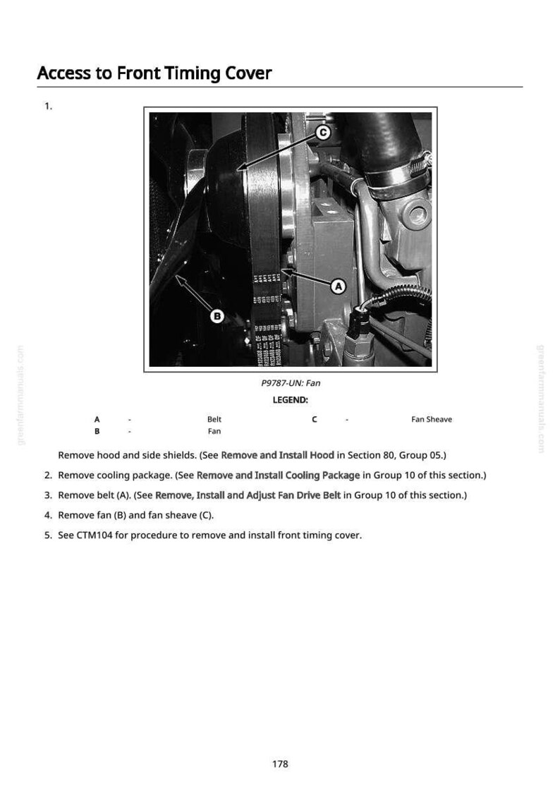 K&ouml;nnte beinhalten: Schwarz-Wei&szlig;-Diagramm einer Motorkomponente mit den Buchstaben A, B und C. Das Bild zeigt einen Riemen, einen L&uuml;fter und eine L&uuml;fterscheibe, mit Text, der den Zugang zur vorderen Steuergeh&auml;useabdeckung anzeigt.