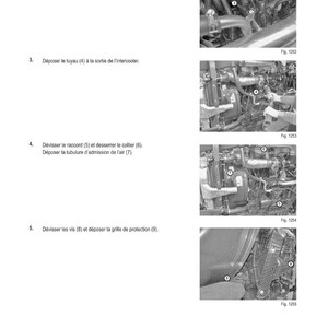 Puede incluir: Un diagrama en blanco y negro que ilustra un m&eacute;todo de intervenci&oacute;n mec&aacute;nica. El texto dice "M&Eacute;THODE D'INTERVENTION" y detalla pasos como la extracci&oacute;n de tornillos, mangueras y una rejilla protectora. Se incluyen las figuras 1252, 1253, 1254 y 1255.