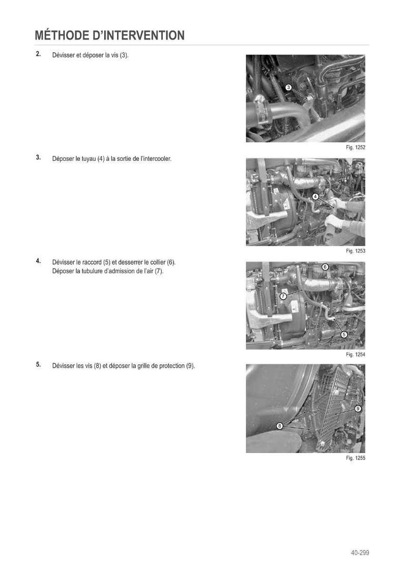 Puede incluir: Un diagrama en blanco y negro que ilustra un m&eacute;todo de intervenci&oacute;n mec&aacute;nica. El texto dice "M&Eacute;THODE D'INTERVENTION" y detalla pasos como la extracci&oacute;n de tornillos, mangueras y una rejilla protectora. Se incluyen las figuras 1252, 1253, 1254 y 1255.