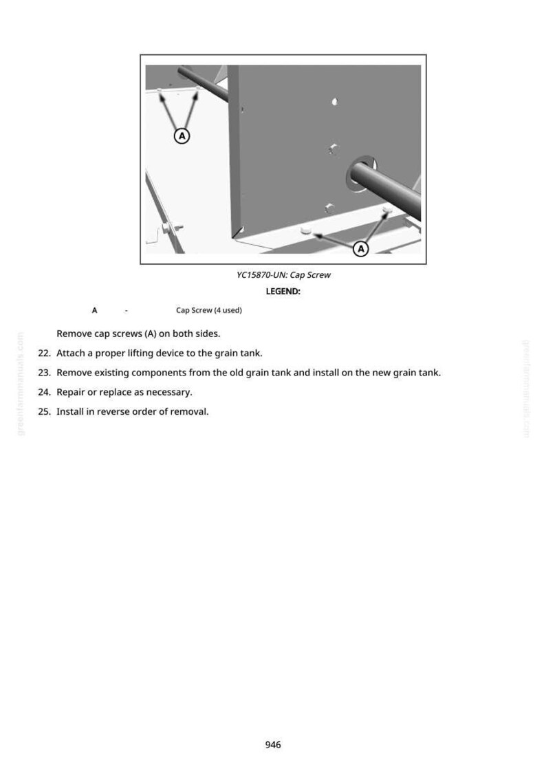 May include: Diagram of a grain tank component with cap screws labeled "A". The image includes text: "YC15870-UN: Cap Screw" and instructions for removal and installation. The diagram is in grayscale.