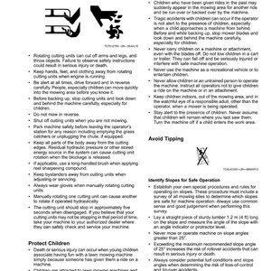 May include: Safety instructions for lawn mowing machines, including warnings about rotating blades and avoiding tipping. The document advises on protecting children and safe operation on slopes. Includes diagrams.