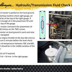May include: A Challenger hydraulic/transmission fluid check and fill guide. The image includes instructions, diagrams, and a view of the tractor's engine components. The text details steps for checking and adding hydraulic oil, with measurements in litres and millimetres.