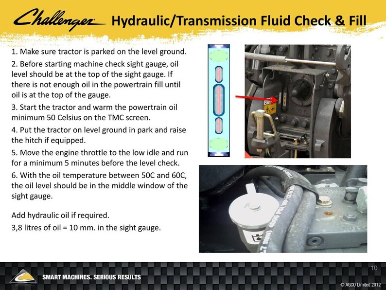 May include: A Challenger hydraulic/transmission fluid check and fill guide. The image includes instructions, diagrams, and a view of the tractor's engine components. The text details steps for checking and adding hydraulic oil, with measurements in litres and millimetres.
