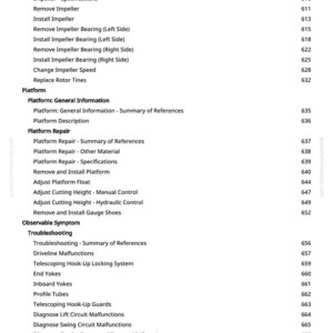 May include: A page from a manual with a table of contents. The topics include Impeller, Platform, Platform Repair, Observable Symptom, Troubleshooting, and Electrical System. Each topic has subtopics and page numbers.