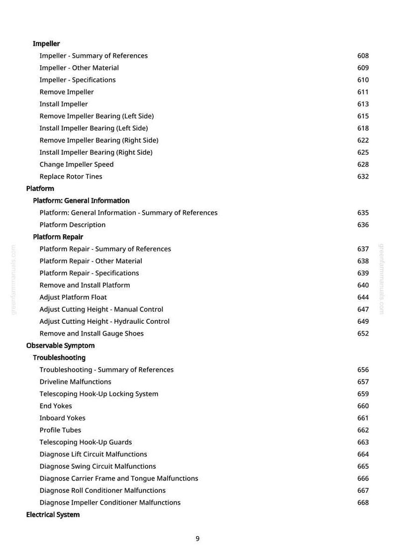 May include: A page from a manual with a table of contents. The topics include Impeller, Platform, Platform Repair, Observable Symptom, Troubleshooting, and Electrical System. Each topic has subtopics and page numbers.