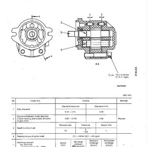 May include: Diagram of a towing winch pump, labeled "5-4 TOWING WINCH PUMP." The image includes cross-sectional views and a table detailing standard clearances, sizes, and torque specifications. Measurements are in millimeters and Newton meters.