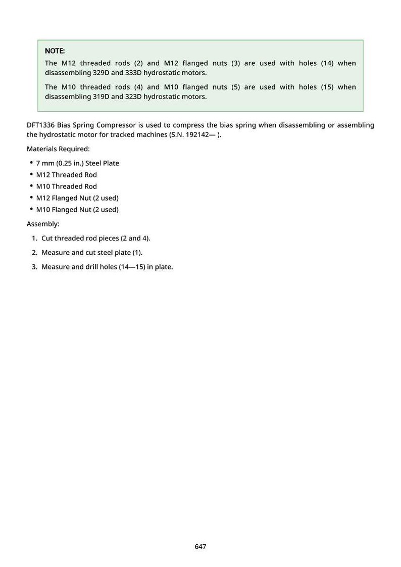 May include: A technical document with instructions for assembling a hydrostatic motor. The document includes a list of required materials, such as a 7 mm steel plate and threaded rods, and assembly steps. The text also includes notes about the use of M12 and M10 components.