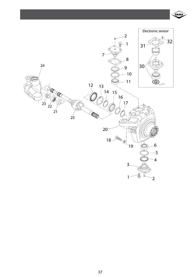 May include: An exploded diagram of mechanical components, including bolts, washers, and a shaft. The diagram is labeled with numbers and includes an "Electronic sensor" section. The Dana logo is in the upper right corner.