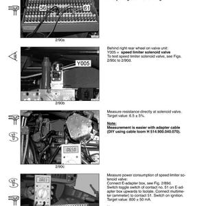 K&ouml;nnte beinhalten: Diagramm der Getriebekomponenten eines Fahrzeugs mit Test- und Einstellanweisungen. Enth&auml;lt Nahaufnahmen von Teilen, ein Multimeter mit Messwerten und Textbeschriftungen. Das Bild ist in Schwarzwei&szlig;.