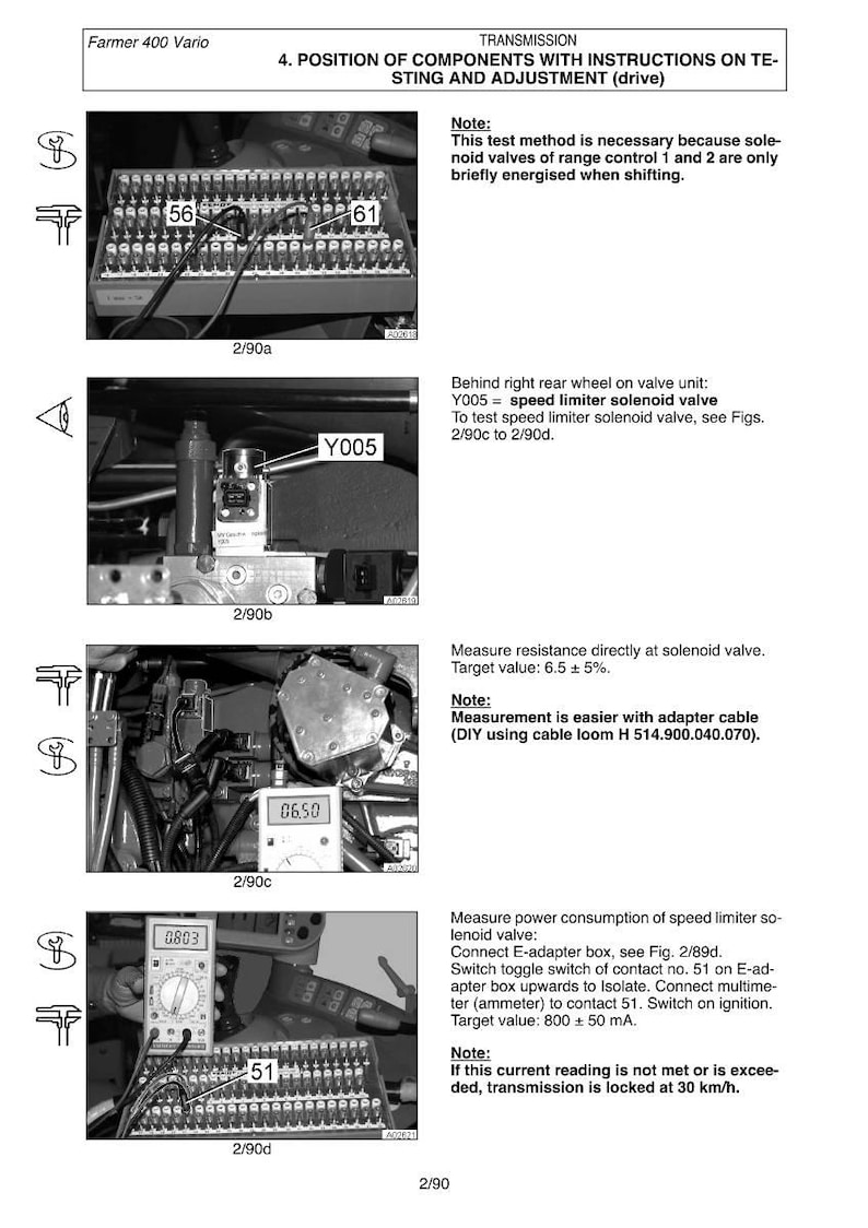 K&ouml;nnte beinhalten: Diagramm der Getriebekomponenten eines Fahrzeugs mit Test- und Einstellanweisungen. Enth&auml;lt Nahaufnahmen von Teilen, ein Multimeter mit Messwerten und Textbeschriftungen. Das Bild ist in Schwarzwei&szlig;.
