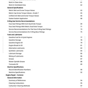 K&ouml;nnte beinhalten: Eine Manuellseite mit detailliertem Inhaltsverzeichnis. Abschnitte umfassen &bdquo;Allgemeine Spezifikationen&ldquo;, &bdquo;Kraftstoffe und Schmierstoffe&ldquo; und &bdquo;Motorreparatur &ndash; Gemeinsam&ldquo;. Seitenzahlen sind rechts.