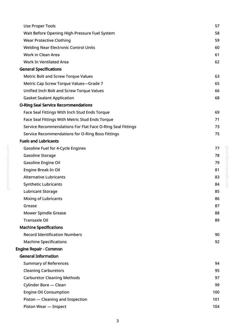 K&ouml;nnte beinhalten: Eine Manuellseite mit detailliertem Inhaltsverzeichnis. Abschnitte umfassen &bdquo;Allgemeine Spezifikationen&ldquo;, &bdquo;Kraftstoffe und Schmierstoffe&ldquo; und &bdquo;Motorreparatur &ndash; Gemeinsam&ldquo;. Seitenzahlen sind rechts.