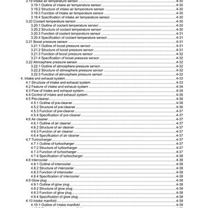 May include: A detailed table of contents from a manual, listing various automotive components and their specifications. The document includes sections on sensors, the intake and exhaust system, and turbochargers. The pages are white with black text.