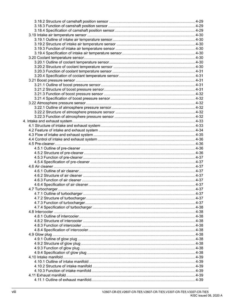 May include: A detailed table of contents from a manual, listing various automotive components and their specifications. The document includes sections on sensors, the intake and exhaust system, and turbochargers. The pages are white with black text.