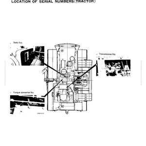 May include: Diagram of a tractor with labels indicating the location of serial numbers. The diagram includes callouts for the body number, transmission number, and torque converter number. The image is in black and white.