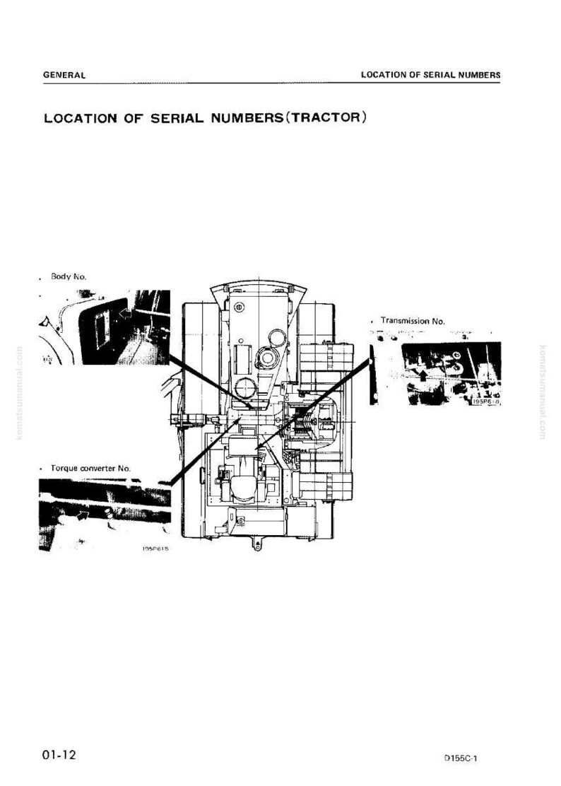 May include: Diagram of a tractor with labels indicating the location of serial numbers. The diagram includes callouts for the body number, transmission number, and torque converter number. The image is in black and white.