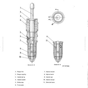 May include: Detailed diagram of an injector, labeled with parts including plunger link, spring, and adapter. The image shows cross-sectional views, labeled Section A-A and Section B-B, with a list of components.
