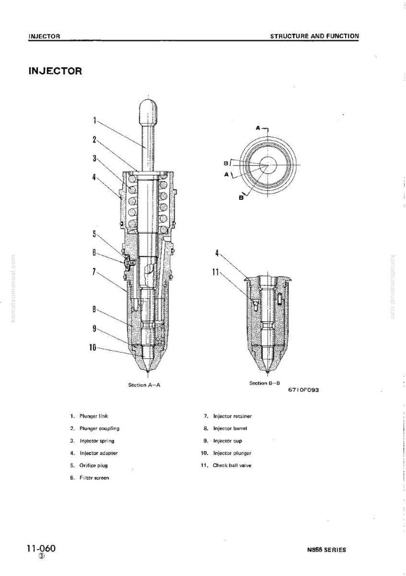 May include: Detailed diagram of an injector, labeled with parts including plunger link, spring, and adapter. The image shows cross-sectional views, labeled Section A-A and Section B-B, with a list of components.