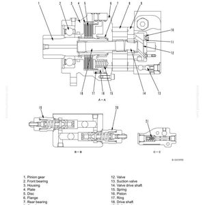 May include: Detailed technical diagram of a swing motor, labeled with various components such as pinion gear, valve, and drive shaft. The diagram includes multiple views and cross-sections for clarity, with measurements in inches.