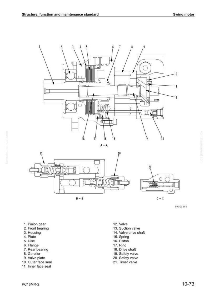 May include: Detailed technical diagram of a swing motor, labeled with various components such as pinion gear, valve, and drive shaft. The diagram includes multiple views and cross-sections for clarity, with measurements in inches.