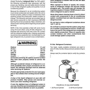 May include: Diagram of R-134a refrigerant containers, including a 30-pound and a 60-pound cylinder. The image also contains safety warnings and instructions for servicing air conditioning systems. Text includes "WARNING" and "Air Conditioning System for HFC 134a Refrigerant."