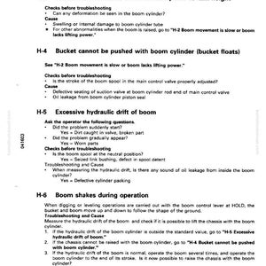 May include: A troubleshooting guide page with headings and bullet points. The text includes sections on boom movement, hydraulic drift, and shaking during operation. The page is from a Komatsu manual.