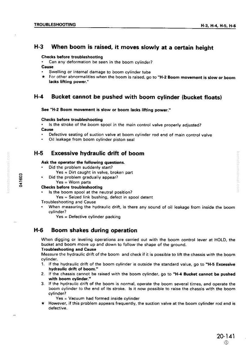 May include: A troubleshooting guide page with headings and bullet points. The text includes sections on boom movement, hydraulic drift, and shaking during operation. The page is from a Komatsu manual.