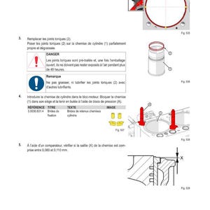 May include: Diagram of engine components with text instructions. Includes illustrations of parts like a cylinder, O-rings, and a block. The text is in French, with measurements in millimeters.