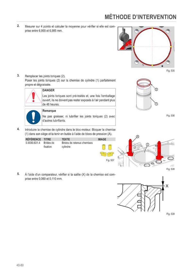 May include: Diagram of engine components with text instructions. Includes illustrations of parts like a cylinder, O-rings, and a block. The text is in French, with measurements in millimeters.