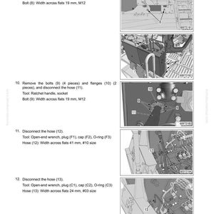 May include: Diagram illustrating the disassembly and assembly of a hydraulic tank. The image shows step-by-step instructions with numbered components, including bolts, hoses, and tools like a ratchet handle and open-end wrench. Measurements are in millimeters.