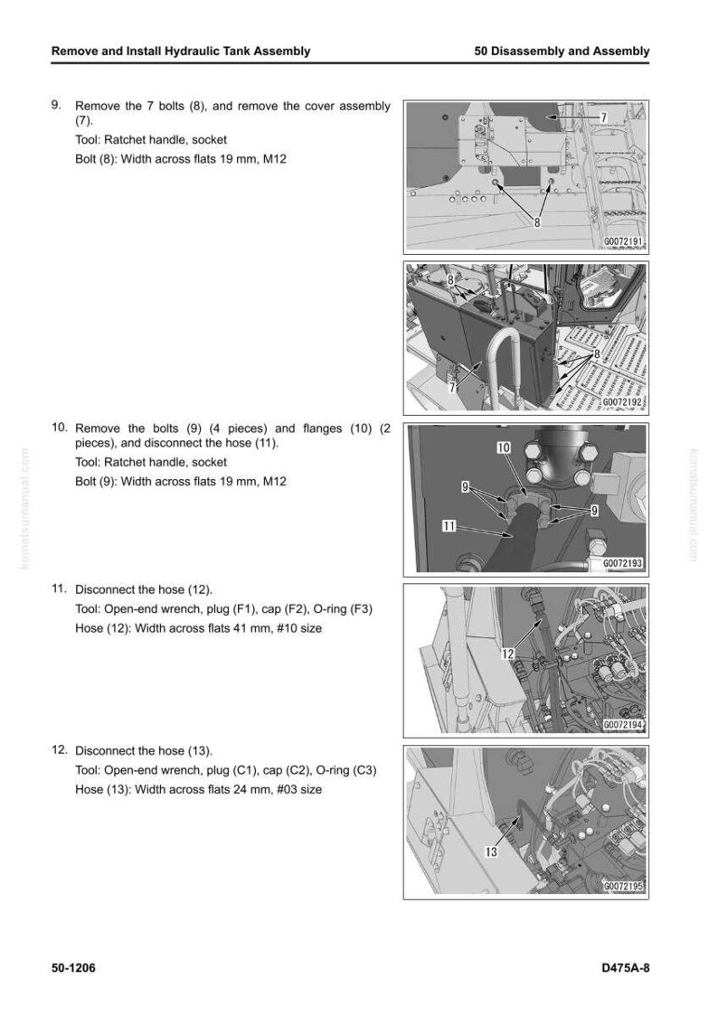 May include: Diagram illustrating the disassembly and assembly of a hydraulic tank. The image shows step-by-step instructions with numbered components, including bolts, hoses, and tools like a ratchet handle and open-end wrench. Measurements are in millimeters.