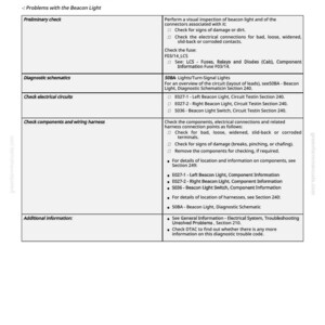 Puede incluir: Documento blanco titulado "Problemas con la luz de baliza". Detalla pasos de diagn&oacute;stico, incluyendo comprobaciones preliminares, esquemas e inspecciones de circuitos el&eacute;ctricos. El documento proporciona instrucciones para solucionar problemas de la luz de baliza.
