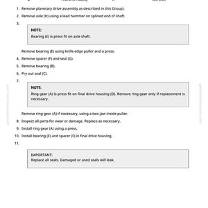 May include: A page from a greenfarmmanuals.com manual with instructions for removing and installing ring gears, bearings, and seals. The text includes a legend and numbered steps for automotive repair.