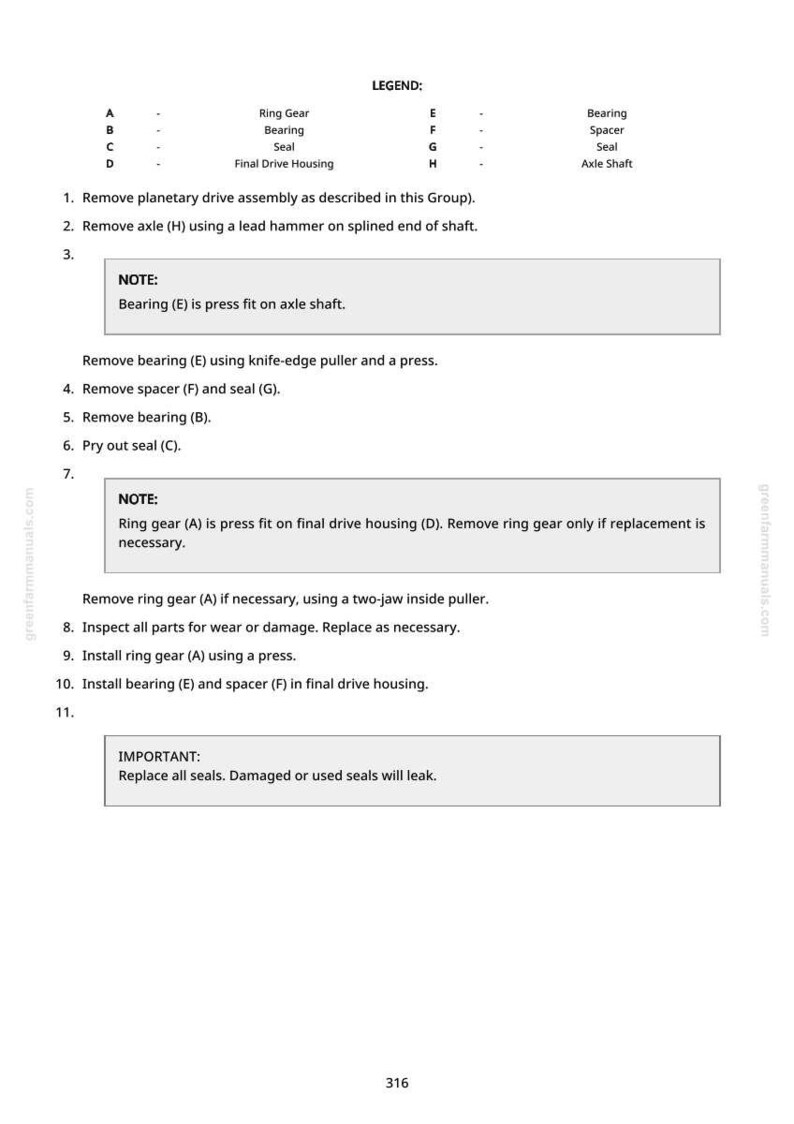 May include: A page from a greenfarmmanuals.com manual with instructions for removing and installing ring gears, bearings, and seals. The text includes a legend and numbered steps for automotive repair.