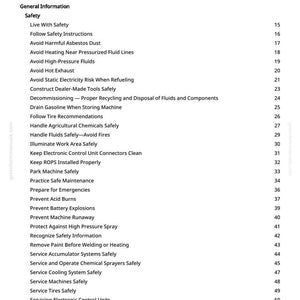 May include: A white page titled "Table of Contents" from a manual. The table lists safety topics such as "Avoid Harmful Asbestos Dust" and "Prevent Battery Explosions". The page number "2" is at the bottom.