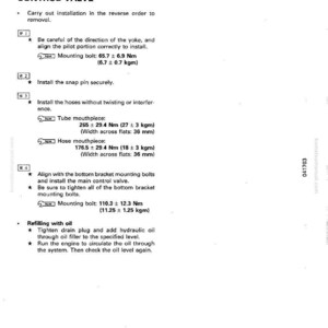 May include: A manual page detailing the installation of a main control valve. Instructions include aligning parts, tightening bolts, and refilling with oil. Measurements are in Newton metres and kilograms.