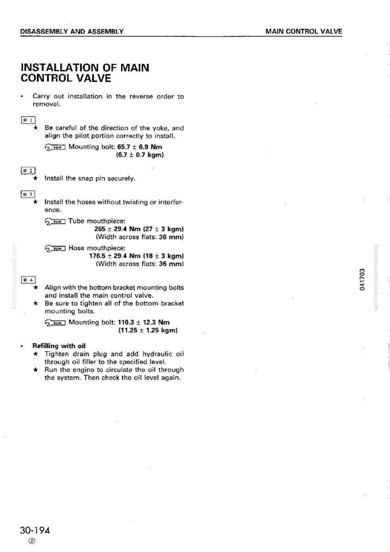 May include: A manual page detailing the installation of a main control valve. Instructions include aligning parts, tightening bolts, and refilling with oil. Measurements are in Newton metres and kilograms.