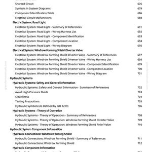 May include: A white document with a table of contents, listing topics such as "Electrical System" and "Hydraulic Systems." The document includes page numbers and is likely a technical manual or reference guide.