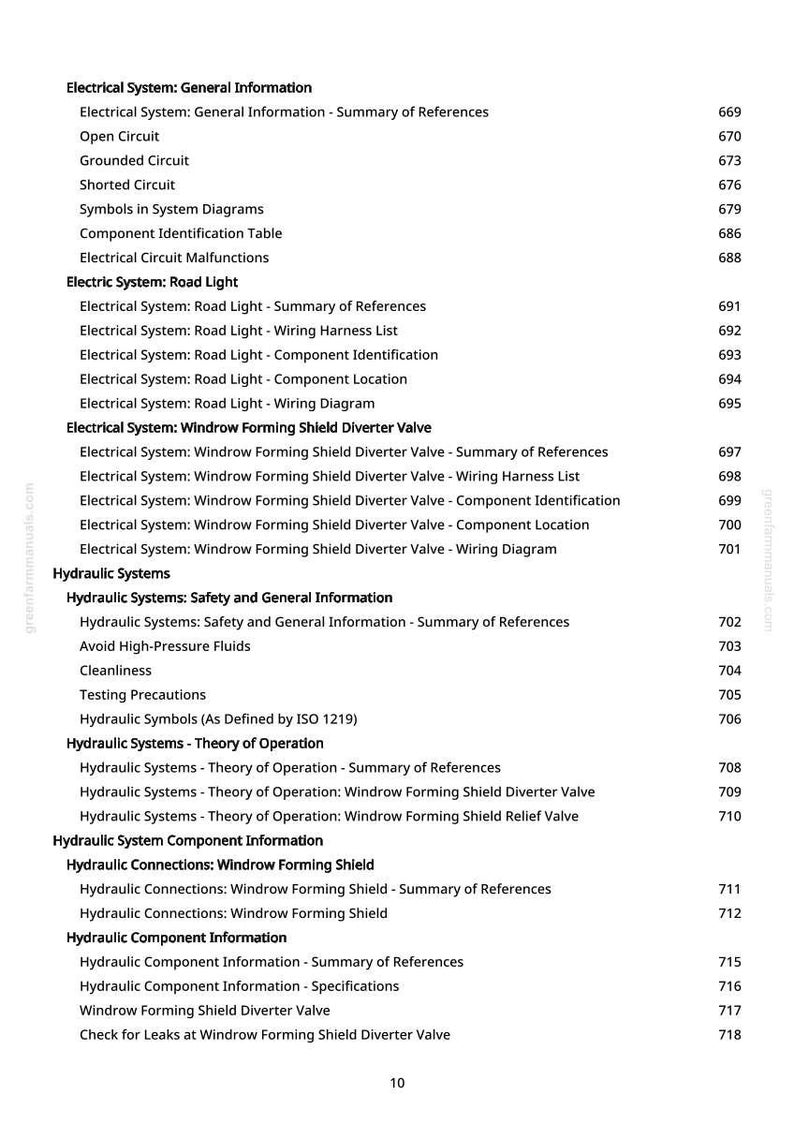 May include: A white document with a table of contents, listing topics such as "Electrical System" and "Hydraulic Systems." The document includes page numbers and is likely a technical manual or reference guide.
