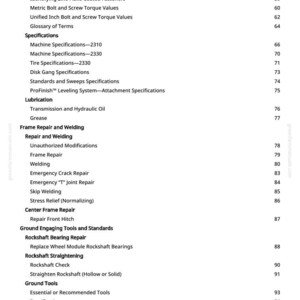 May include: A white-backgrounded page from a manual with a detailed table of contents. The text includes specifications for machine, tire, and disk gang, along with lubrication and frame repair topics. Page number 3 is visible.