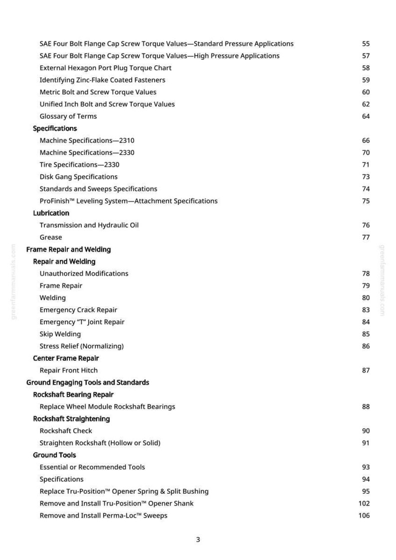 May include: A white-backgrounded page from a manual with a detailed table of contents. The text includes specifications for machine, tire, and disk gang, along with lubrication and frame repair topics. Page number 3 is visible.