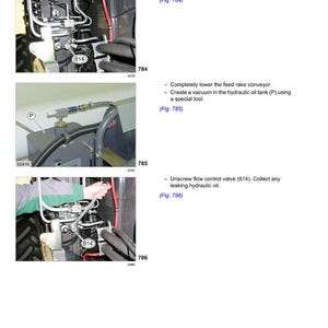May include: Diagram of a hydraulic system with close-up images of valve blocks and flow control valve removal instructions. Includes text and figures, with the CLAAS logo at the top.