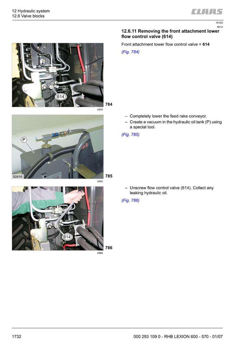 May include: Diagram of a hydraulic system with close-up images of valve blocks and flow control valve removal instructions. Includes text and figures, with the CLAAS logo at the top.