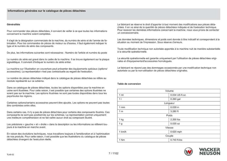 Pu&ograve; includere: Una pagina di un catalogo ricambi con testo in francese, che include una tabella di conversioni. Il documento contiene informazioni sull'ordinazione di pezzi, numeri di serie e dati tecnici. Il logo Wacker Neuson &egrave; in basso.