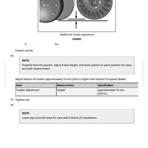 May include: Diagram of a planter component with text instructions for adjustment. The text includes "Coulter Adjustment" and measurements in millimeters and inches. The diagram shows a nut and other parts.