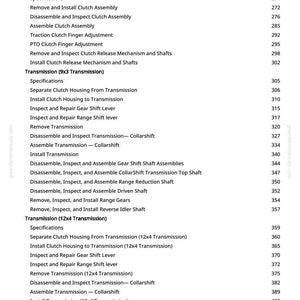 May include: A page from a manual with a list of automotive repair procedures, including clutch assembly, transmission, and gear shift lever inspection. The text is in black font on a white background, with page numbers on the right.