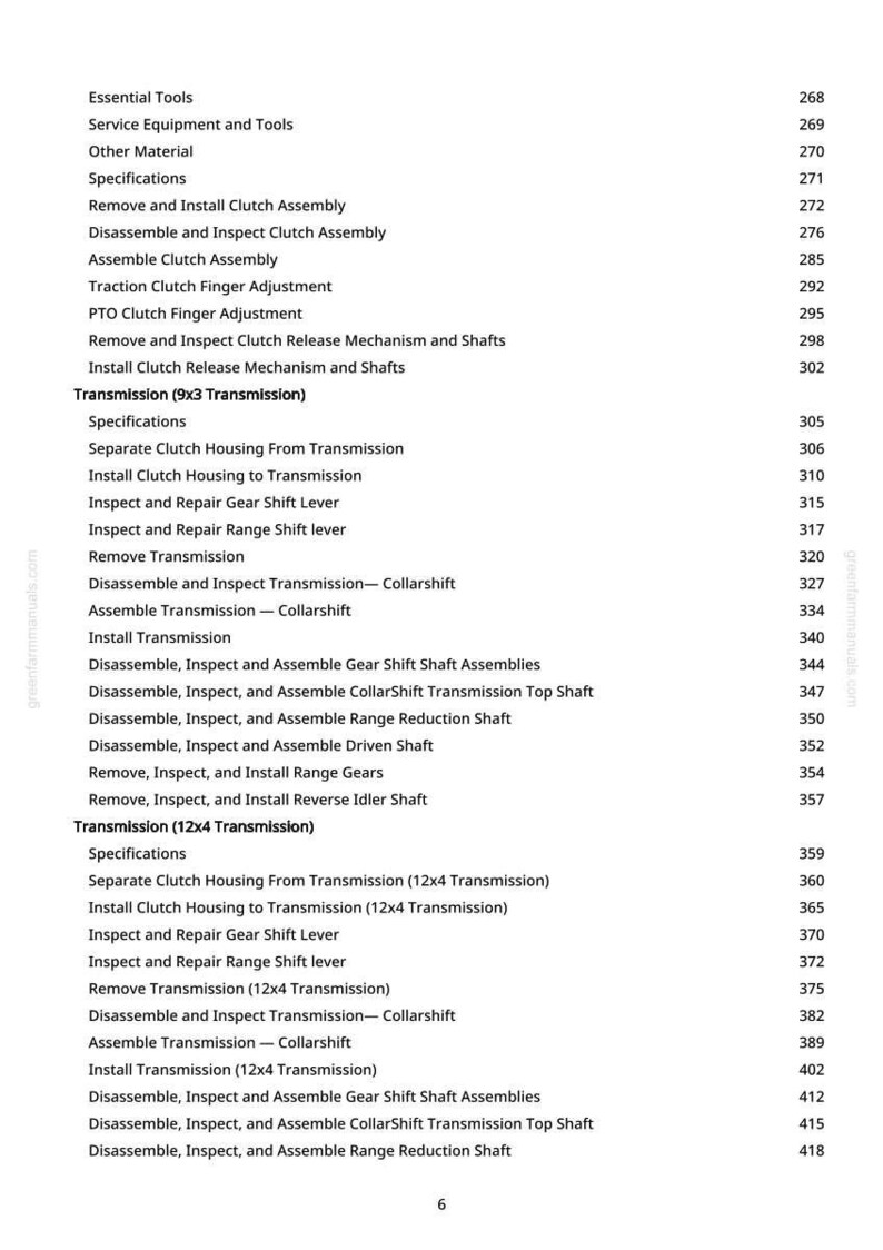 May include: A page from a manual with a list of automotive repair procedures, including clutch assembly, transmission, and gear shift lever inspection. The text is in black font on a white background, with page numbers on the right.