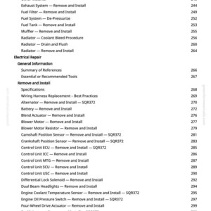 May include: A manual page displaying a table of contents. It lists "Remove and Install" instructions for car components like the fuel filter and radiator. The page also includes electrical repair topics. Page number is 5.